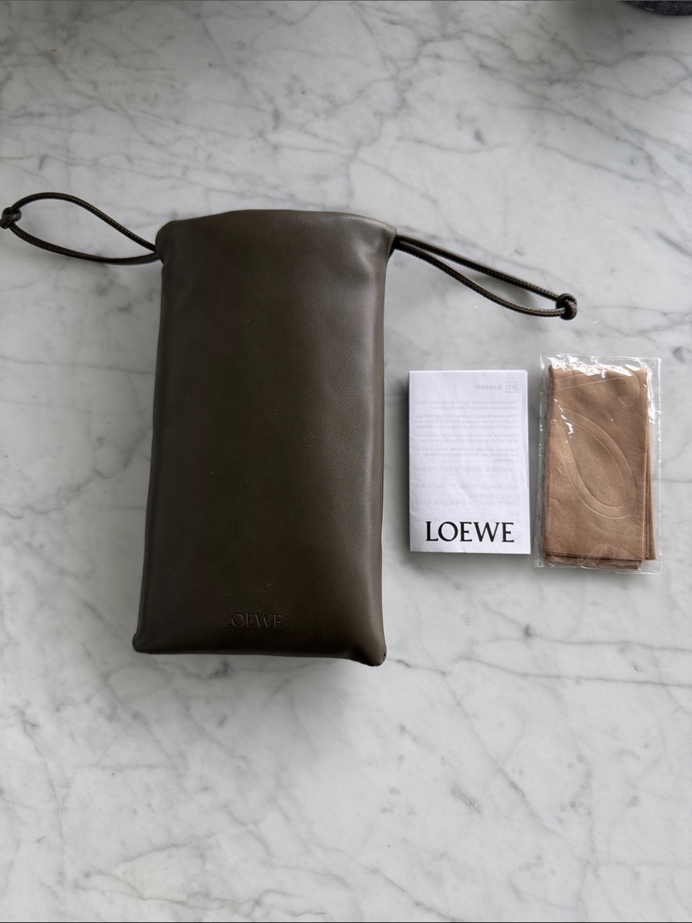 Loewe Olive Green Leather Drawstring Sunglass Case Pouch with Dust Cloth